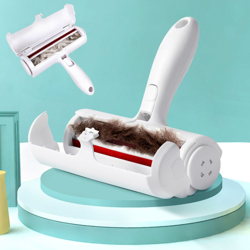 Pet hair removal tool with roller and collected fur on a light blue background