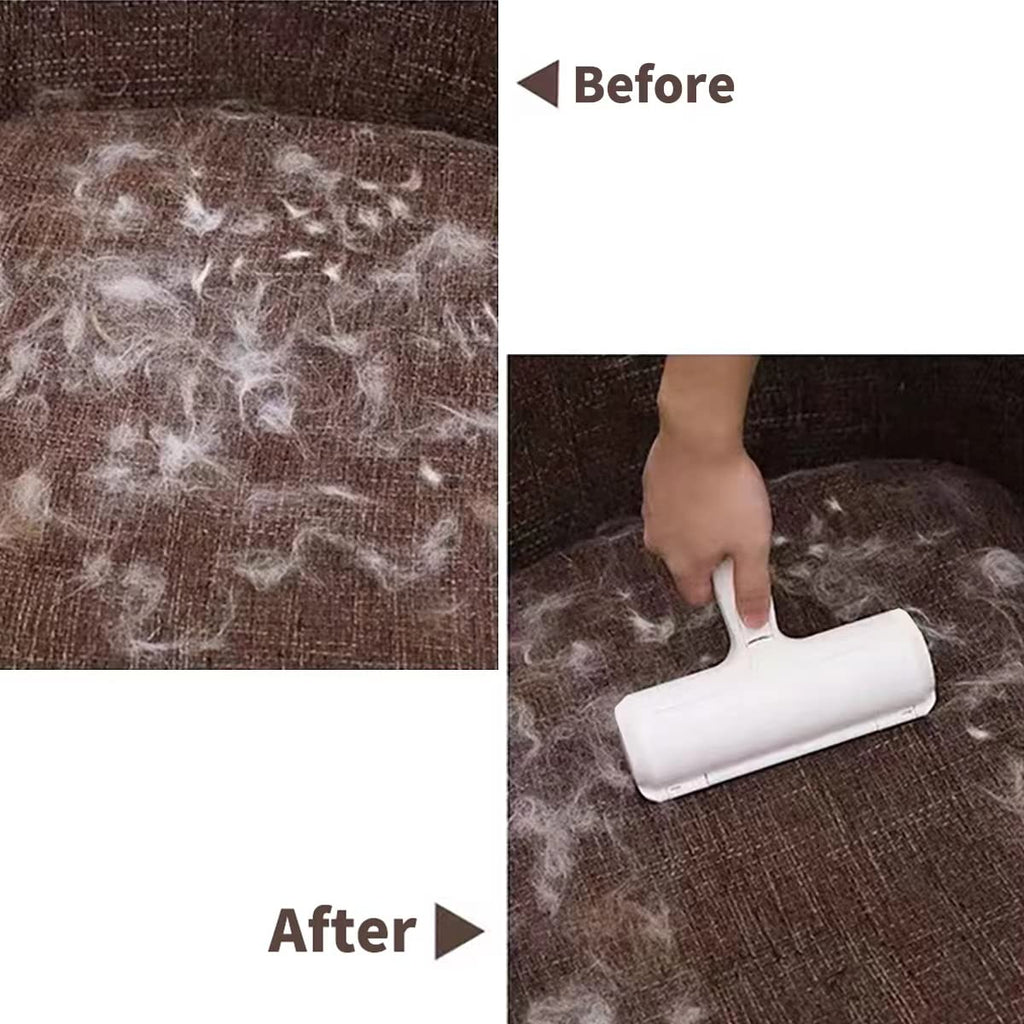 Before and after comparison of a carpet with pet hair using a cleaning tool.