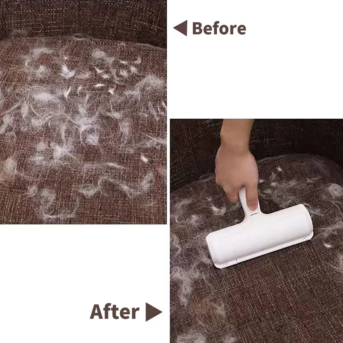 Before and after comparison of a carpet with pet hair using a cleaning tool.