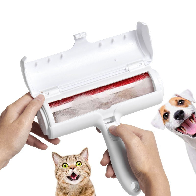 Pet hair removal roller with a close-up of a hand using it, surrounded by images of a dog and a cat on a white background.