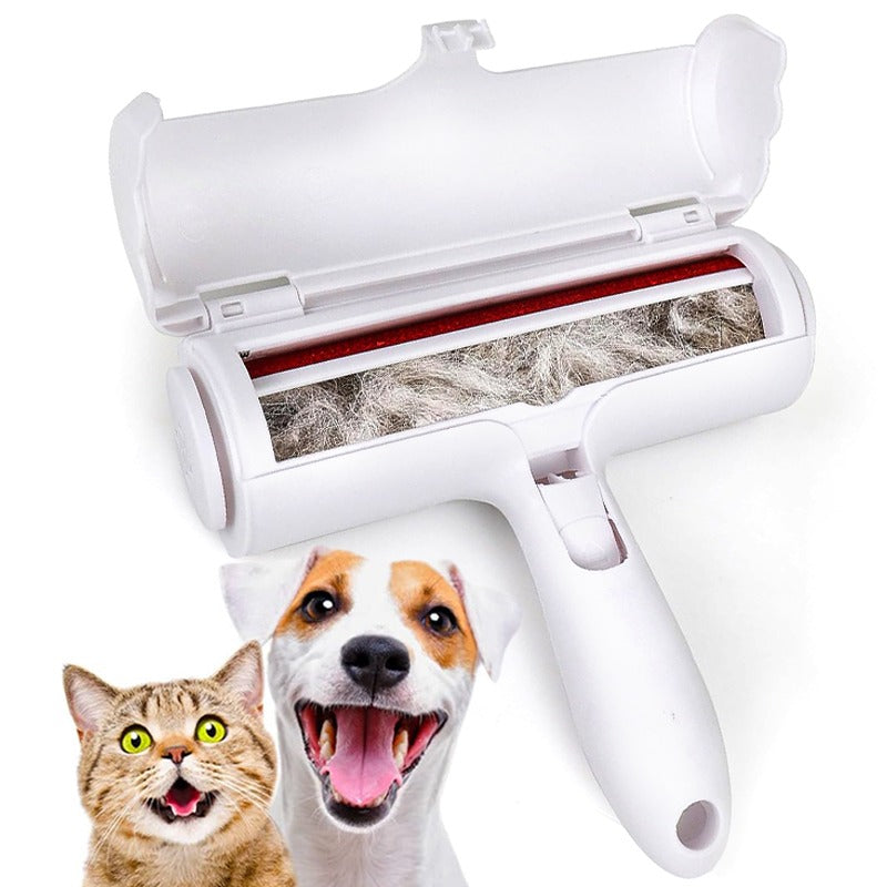 Pet hair removal roller with collected pet hair, featuring a cat and dog illustration on a white background.
