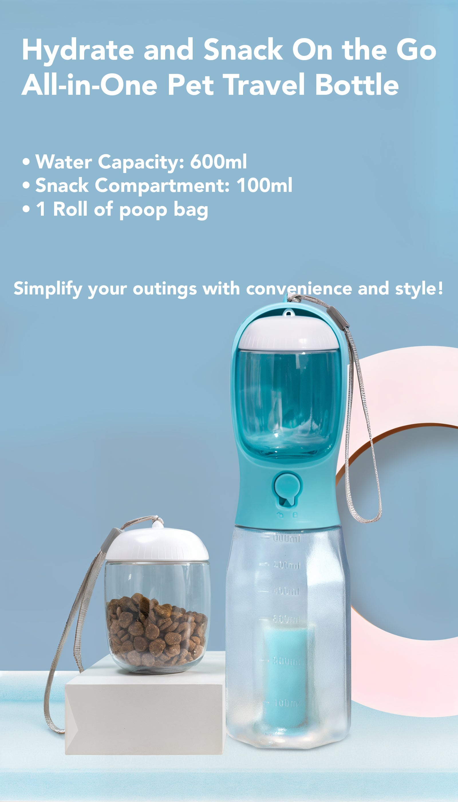 3-in-1 Pet Travel Bottle: Treats, Water, and Poop Bags