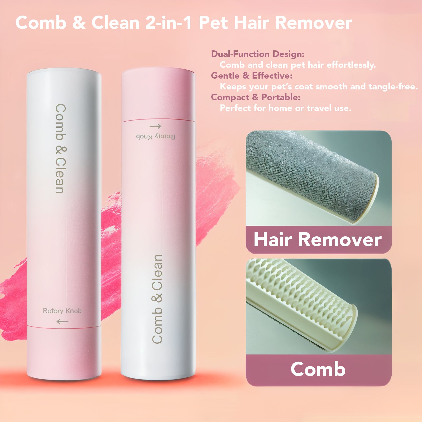 Comb & Clean 2-in-1 Pet Hair Remover Comb - For Cats, Dogs & Multi-Surface Cleaning